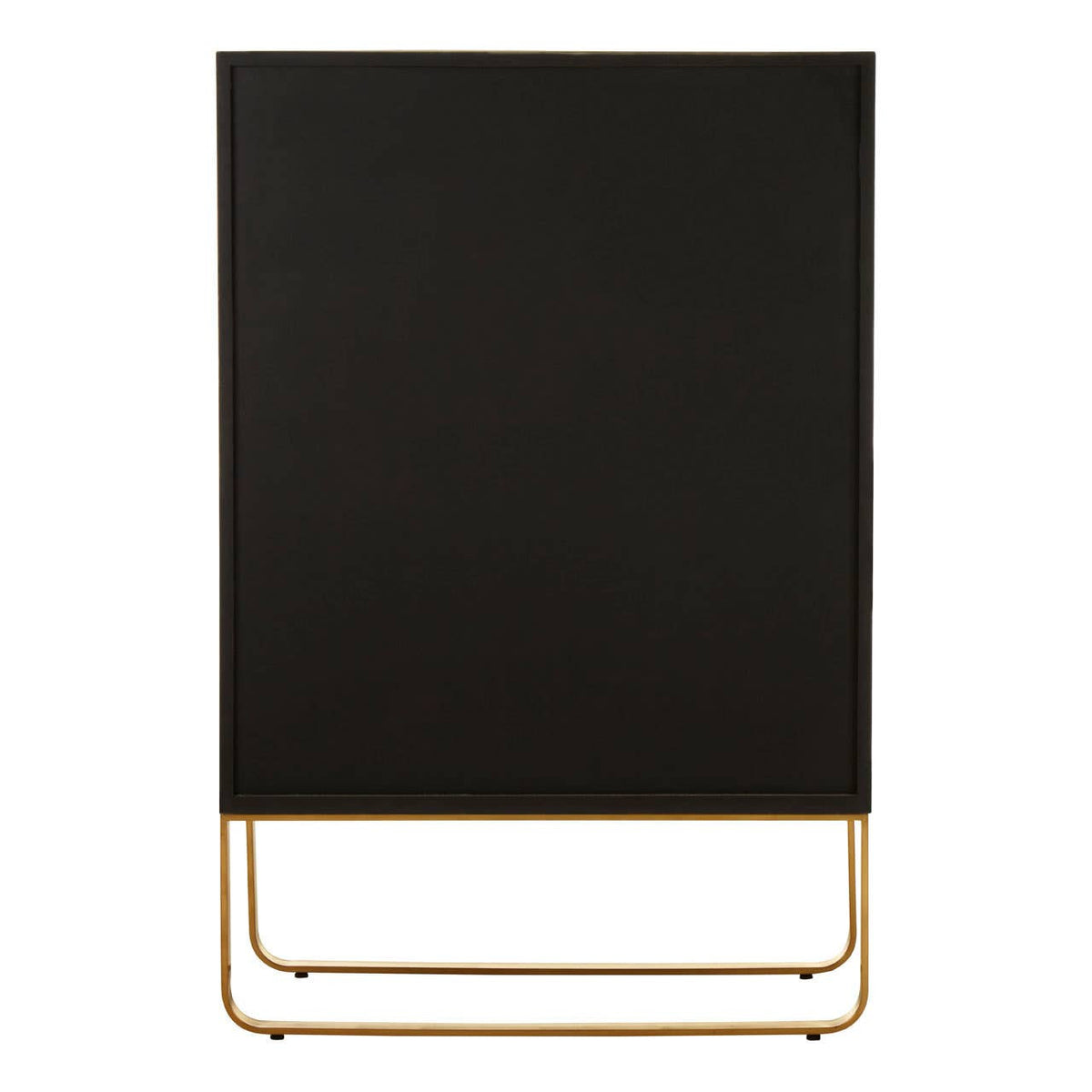 Tall cabinet featuring a sleek black wood finish with a minimalist design, supported by a brushed gold metal base. The cabinet has a smooth surface and a contemporary aesthetic, suitable for modern home decor