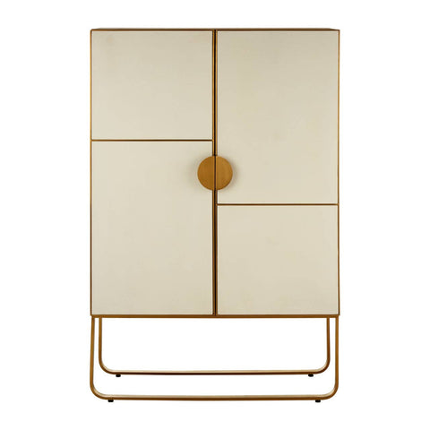 A modern cabinet featuring a light oak wood finish with four doors, two of which are solid and two with a textured design. The cabinet is accented with brushed gold hardware, including a round central knob and a sleek gold base