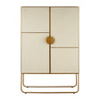 A modern cabinet featuring a light oak wood finish with four doors, two of which are solid and two with a textured design. The cabinet is accented with brushed gold hardware, including a round central knob and a sleek gold base