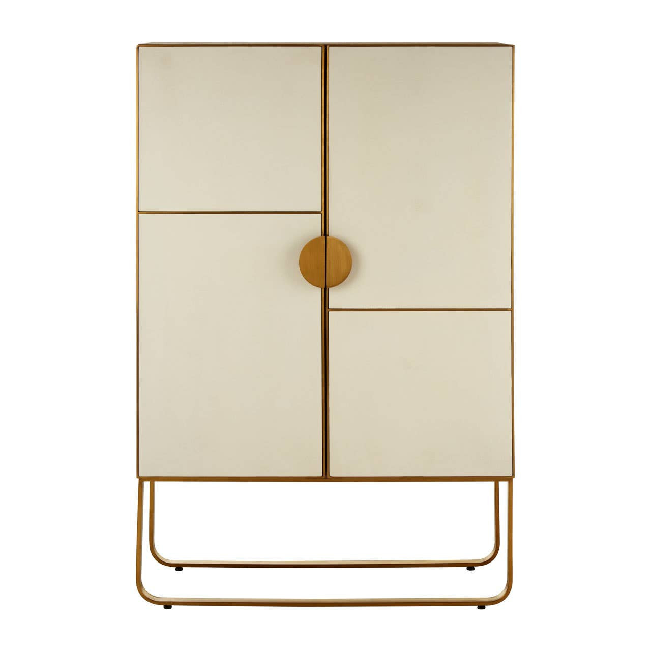 A modern cabinet featuring a light oak wood finish with four doors, two of which are solid and two with a textured design. The cabinet is accented with brushed gold hardware, including a round central knob and a sleek gold base