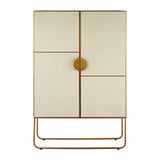 A modern cabinet featuring a light oak wood finish with four doors, two of which are solid and two with a textured design. The cabinet is accented with brushed gold hardware, including a round central knob and a sleek gold base