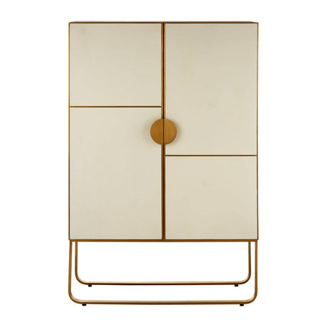 A modern cabinet featuring a light oak wood finish with four doors, two of which are solid and two with a textured design. The cabinet is accented with brushed gold hardware, including a round central knob and a sleek gold base