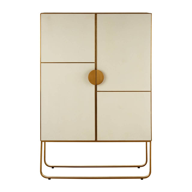 A modern cabinet featuring a light oak wood finish with four doors, two of which are solid and two with a textured design. The cabinet is accented with brushed gold hardware, including a round central knob and a sleek gold base