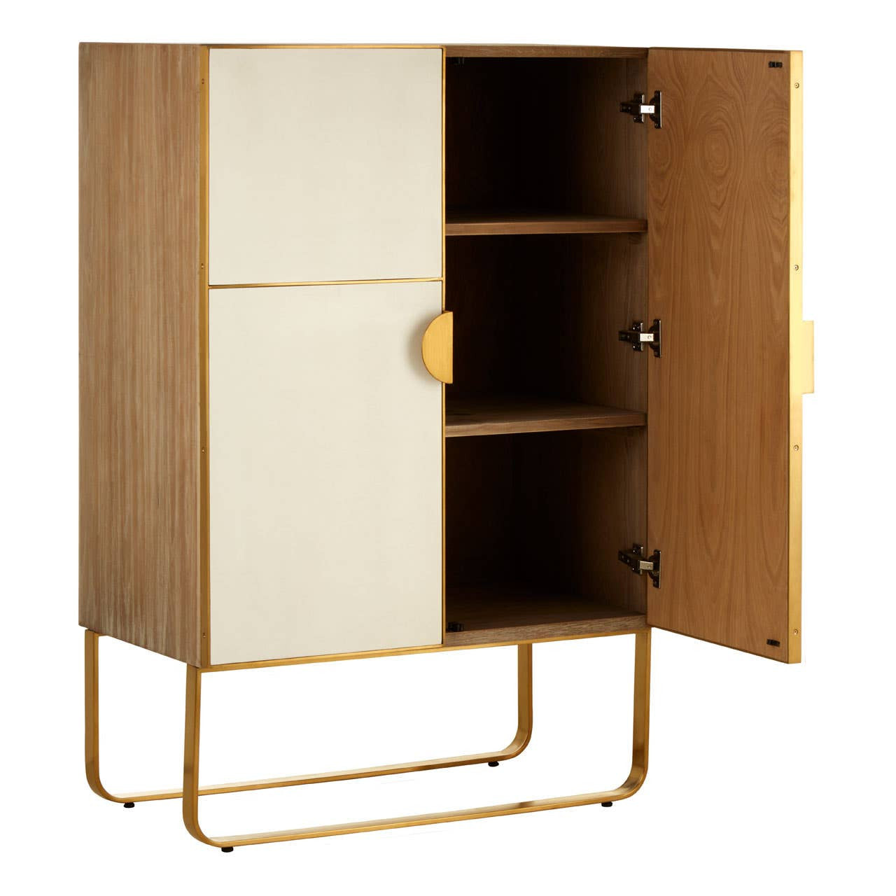 Modica Oak Wood and Brushed Gold Cabinet featuring a light oak finish with a two-tone design, including a white panel on the left door. The cabinet has a sleek brushed gold handle and stands on a minimalist gold metal frame. The interior includes two shelves, providing ample storage space
