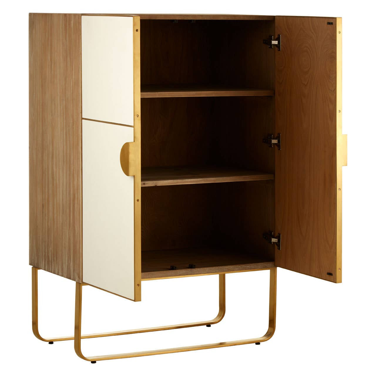 Modica Oak Wood and Brushed Gold Cabinet featuring a two-door design with a light oak finish and brushed gold accents. The cabinet has an open interior with three shelves, providing ample storage space. The legs are sleek and gold, adding a modern touch to the overall aesthetic