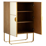 Modica Oak Wood and Brushed Gold Cabinet featuring a two-door design with a light oak finish and brushed gold accents. The cabinet has an open interior with three shelves, providing ample storage space. The legs are sleek and gold, adding a modern touch to the overall aesthetic