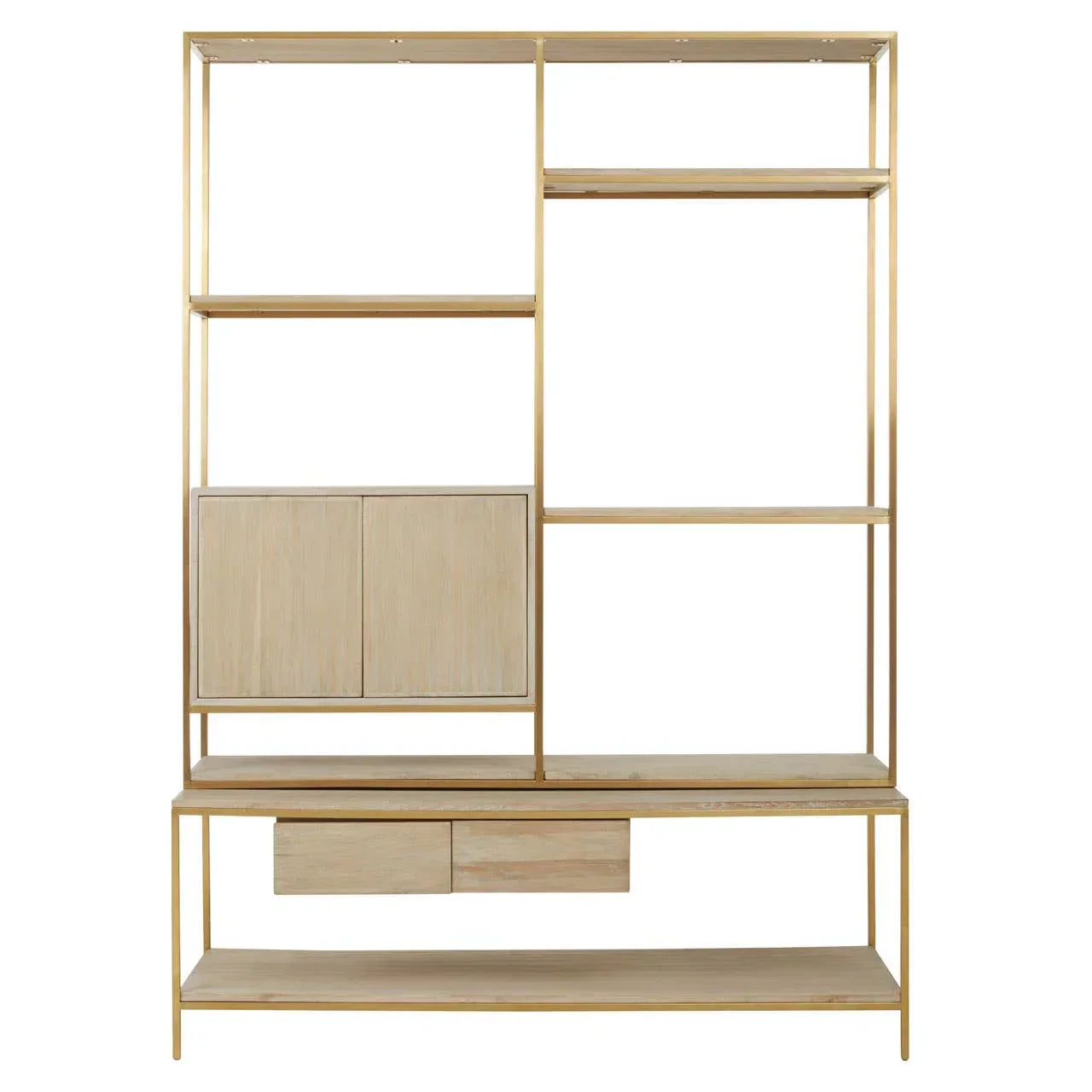 Modern oak bookshelf with gold metal frame, open shelves, two drawers and cabinet doors