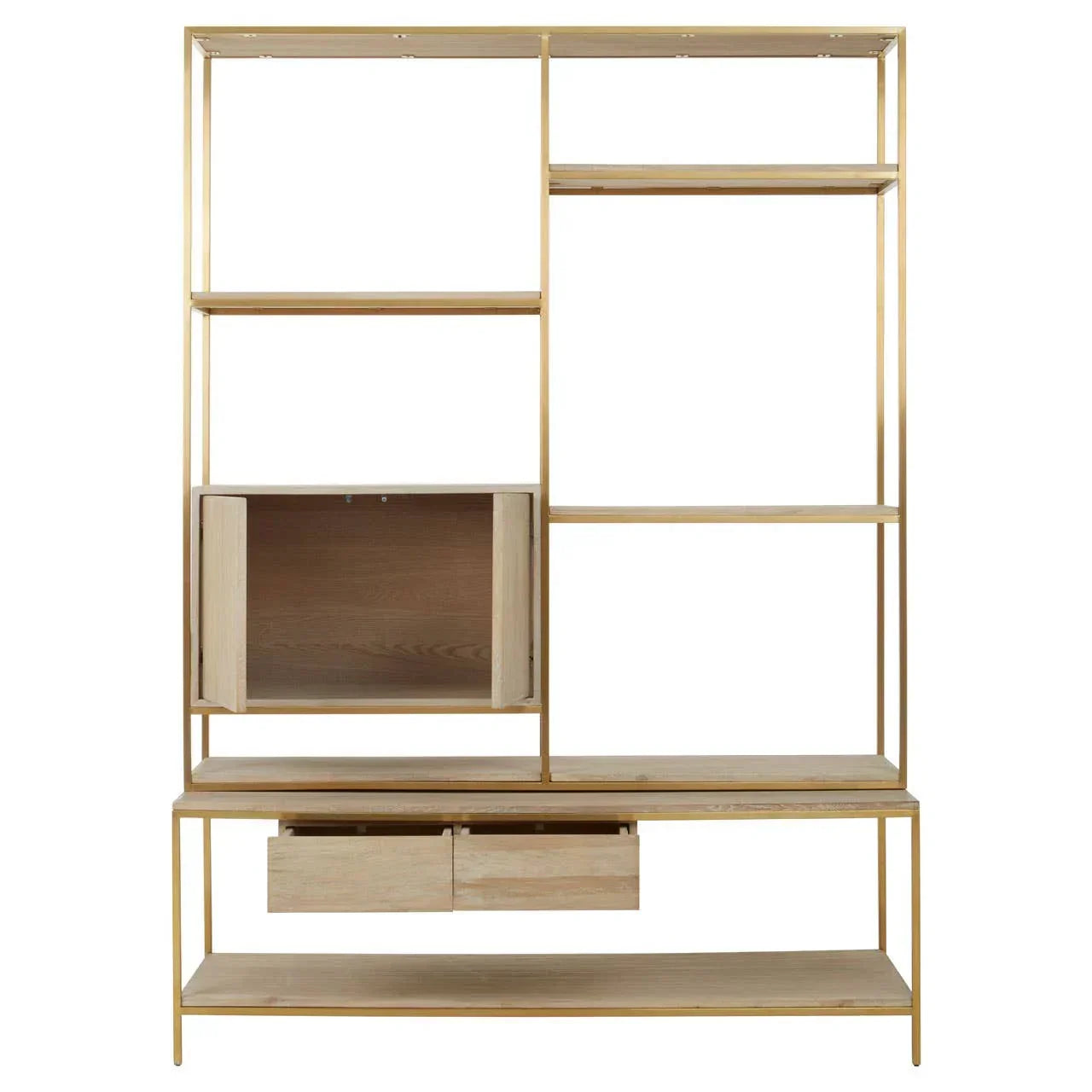 Light oak shelving unit with gold metal frame, open shelves, drawers, and a cabinet section
