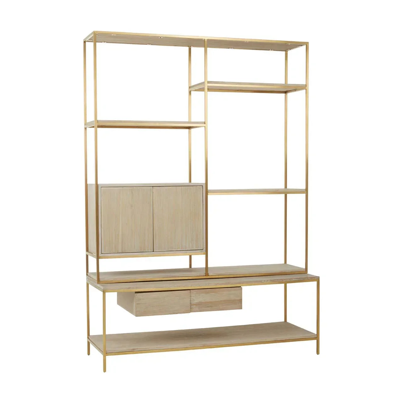 Modern gold metal and wood shelving unit with open shelves, drawers and cabinet compartments