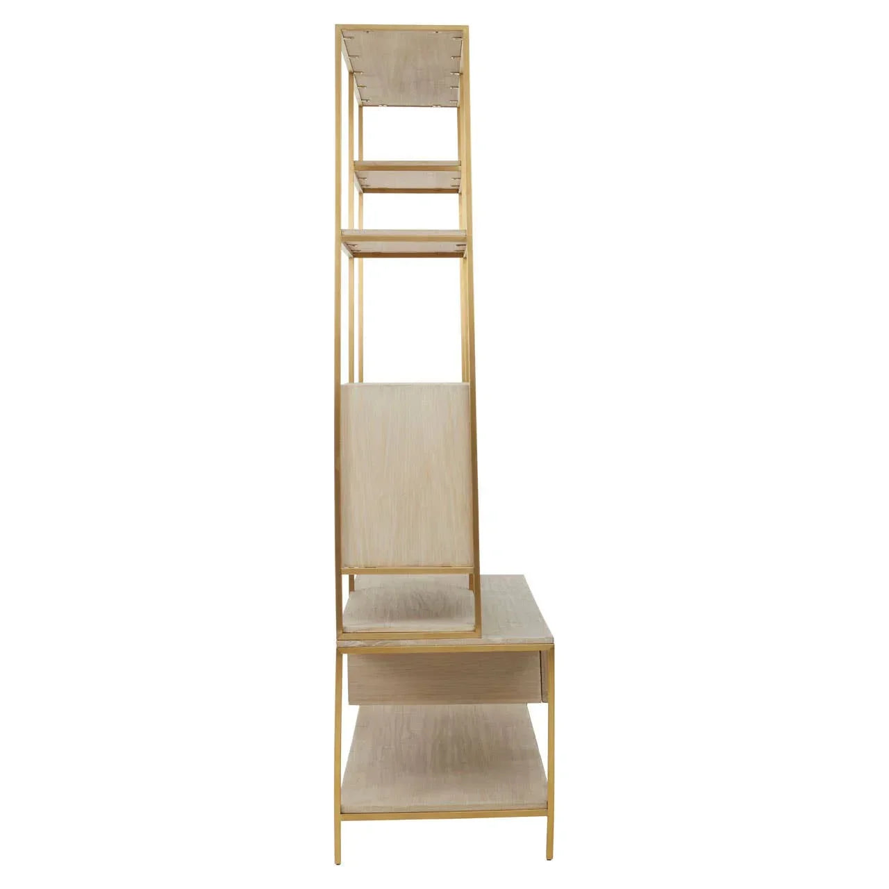 Side view of tall gold frame shelving unit with light wood shelves and open design