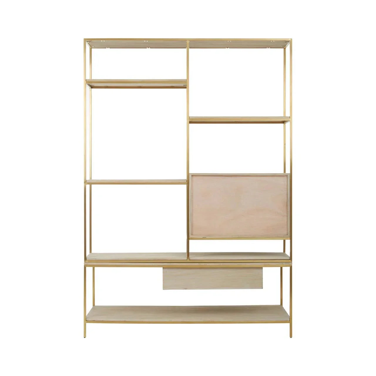 Modern wooden shelving unit with gold metal frame and asymmetrical open shelves