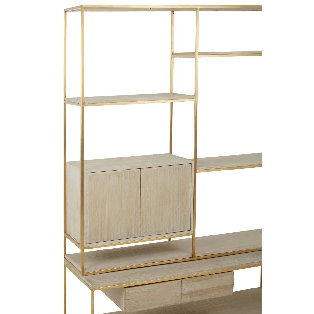 Light wood shelving unit with gold metal frame, storage cabinet and open shelves
