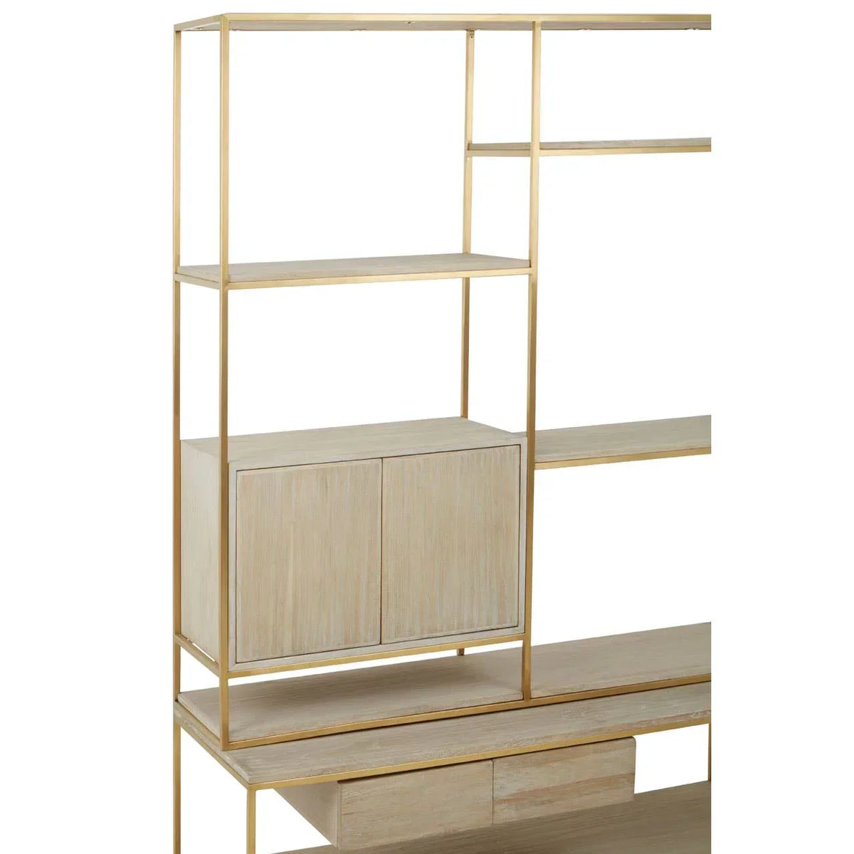 Light wood shelving unit with gold metal frame, storage cabinet and open shelves