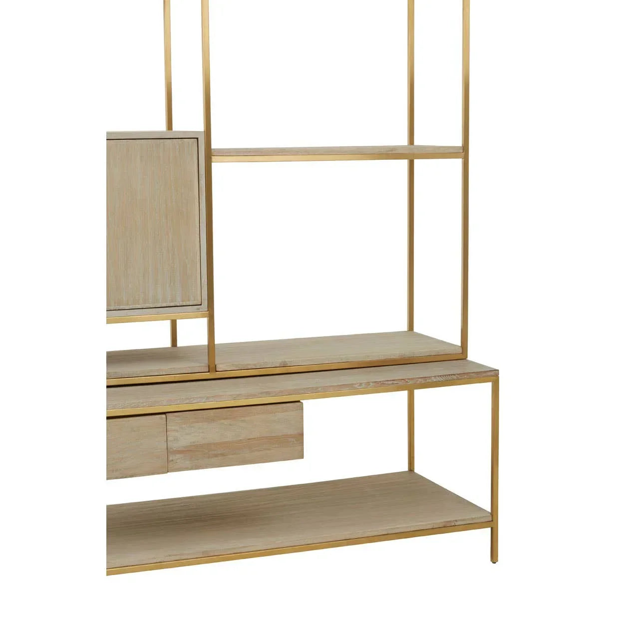 Oak display shelving unit with gold metal frame and storage cabinet, side view