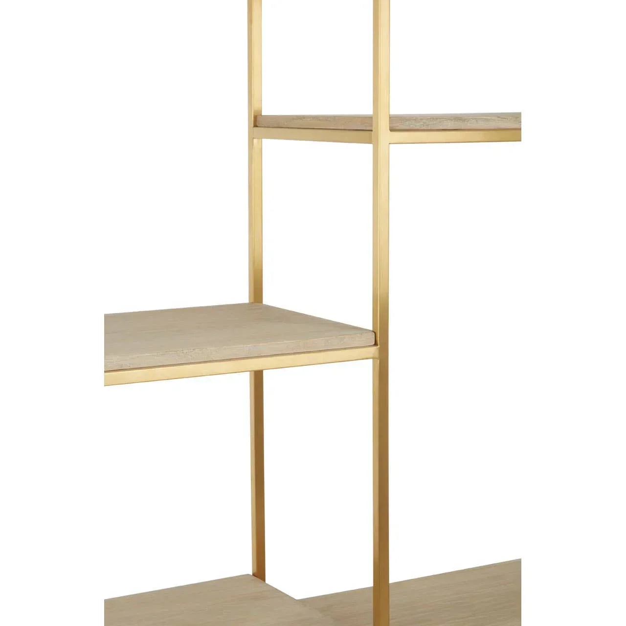 Gold metal framed shelving unit with light wood shelves, close-up corner view