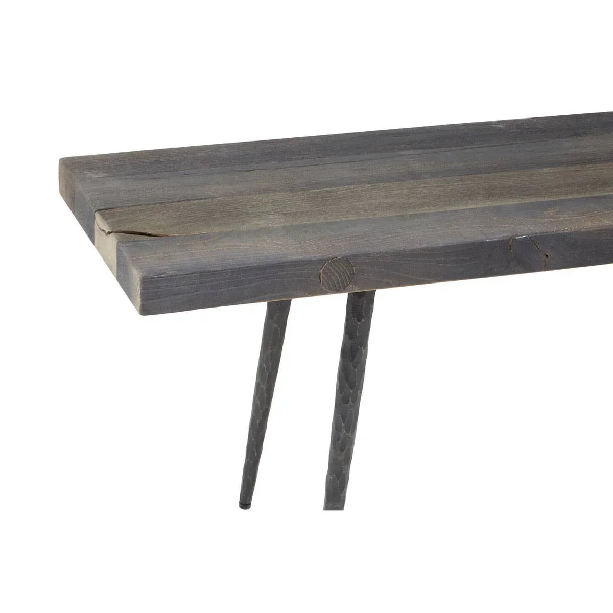 Dark wood bench with rustic finish and black metal hairpin legs, corner close-up view