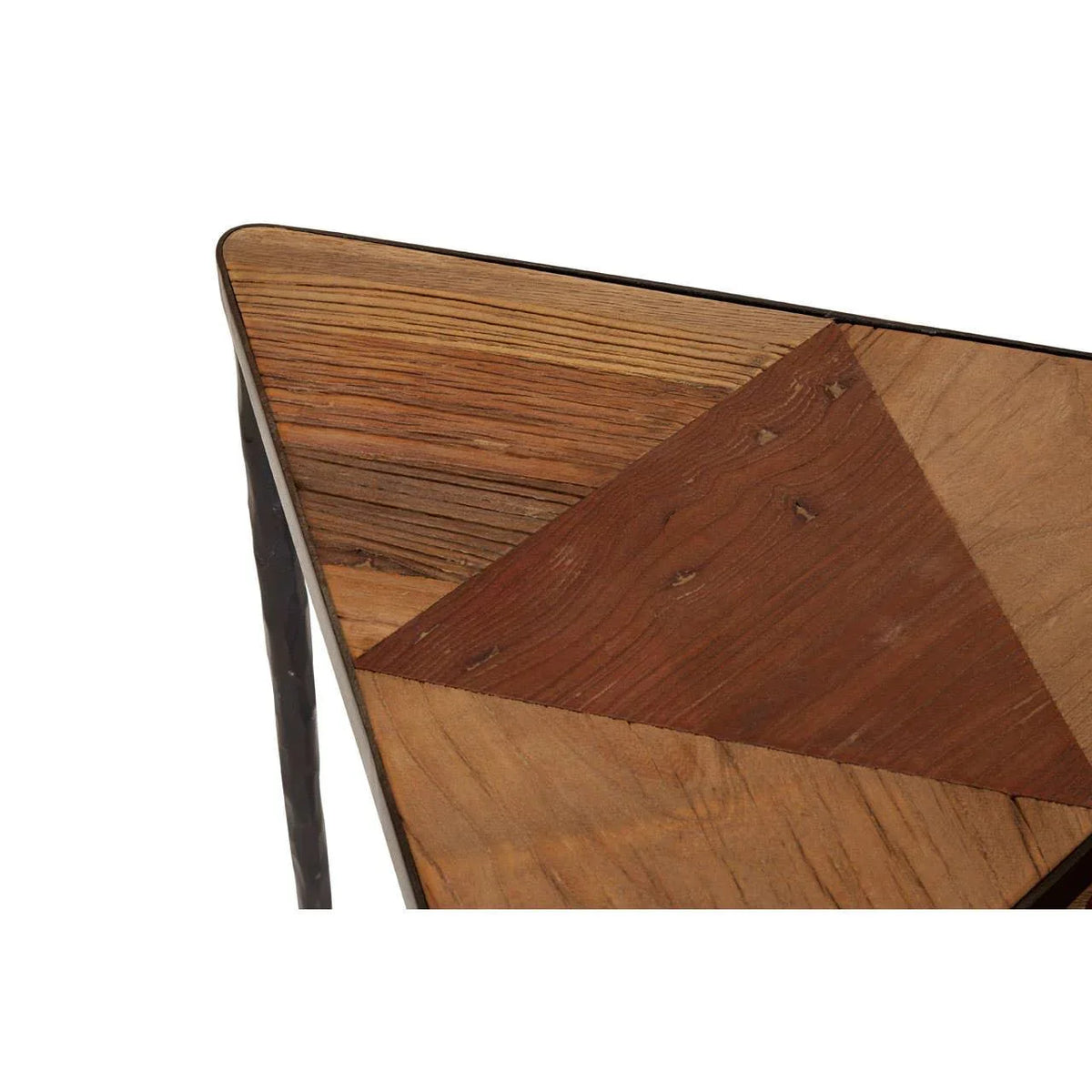 Close up of wooden coffee table corner with geometric inlay and metal leg