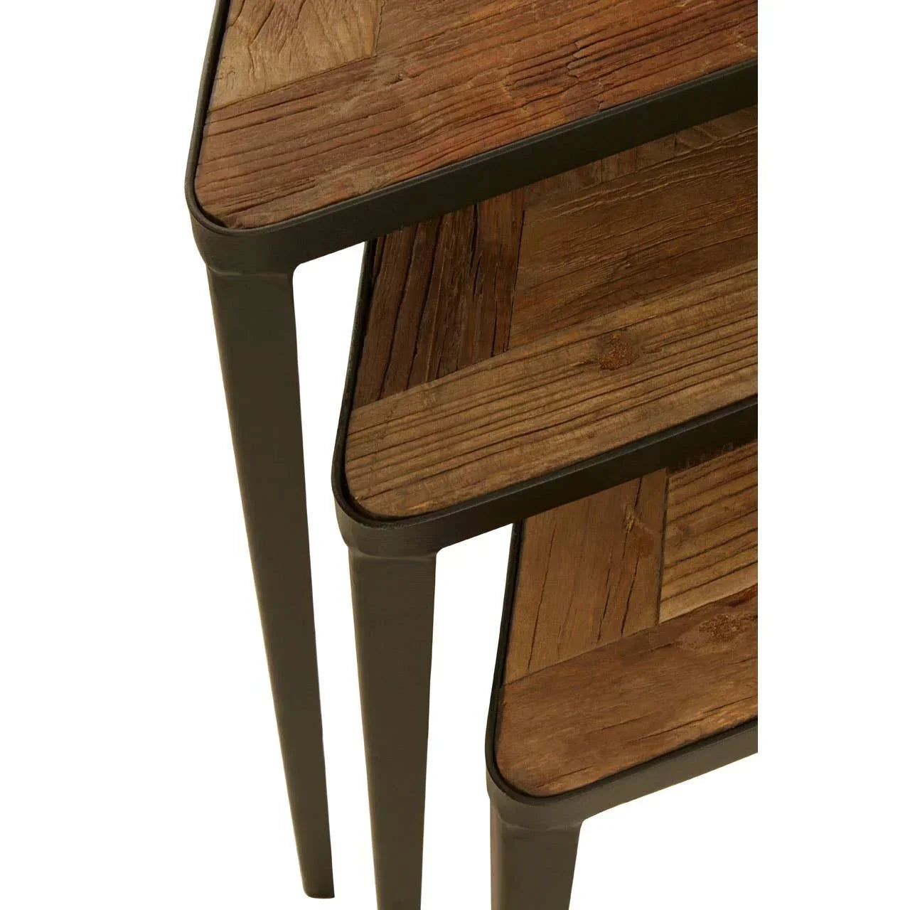 Rustic wood and metal nesting tables with chevron patterned tops, stacked vertically