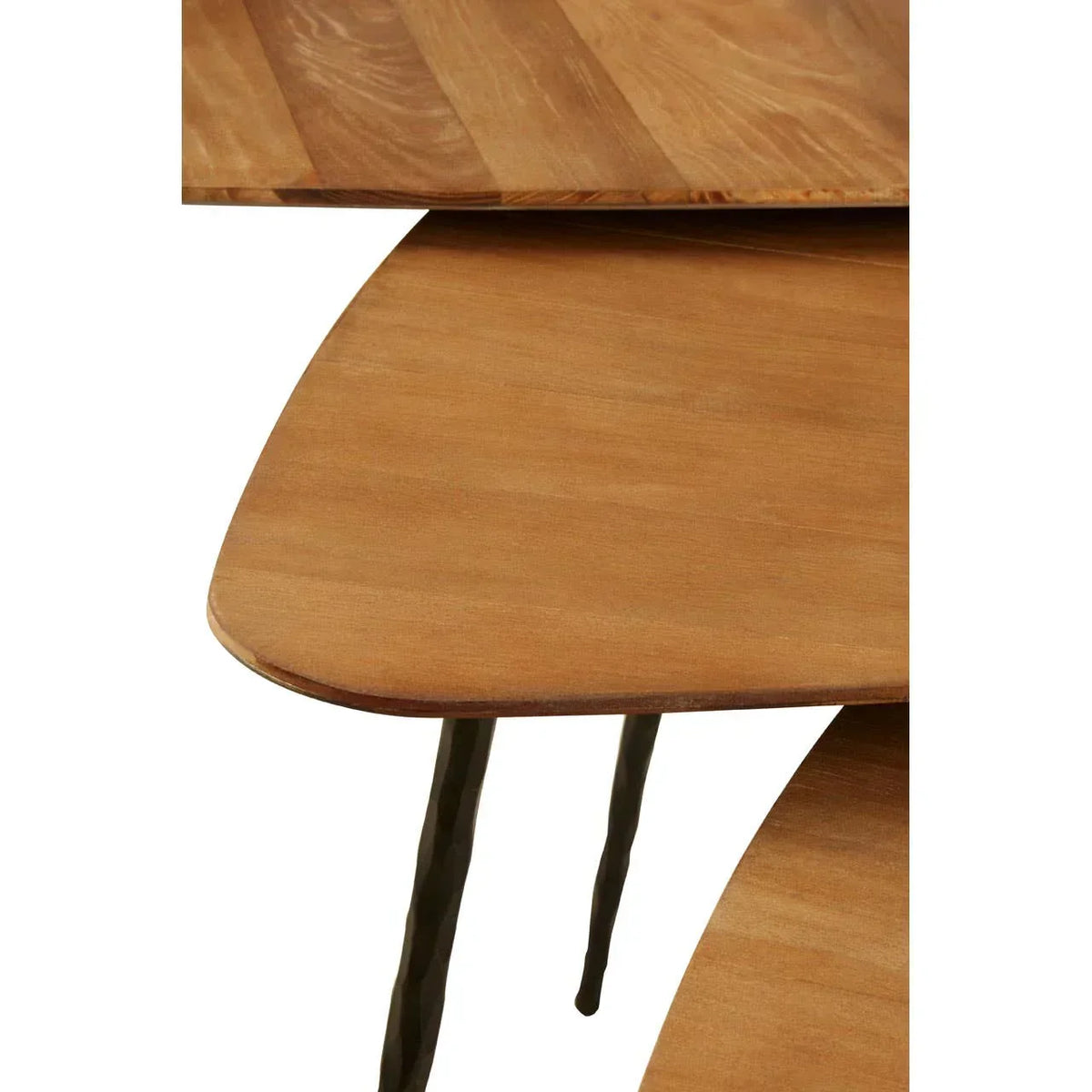 Stacked wooden nesting tables with rounded corners and visible grain, black metal legs