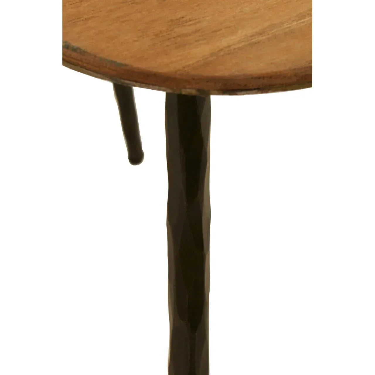 Closeup of round wooden tabletop with black metal leg, side table detail