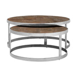 Round nesting coffee table set with wood tops and silver metal frames
