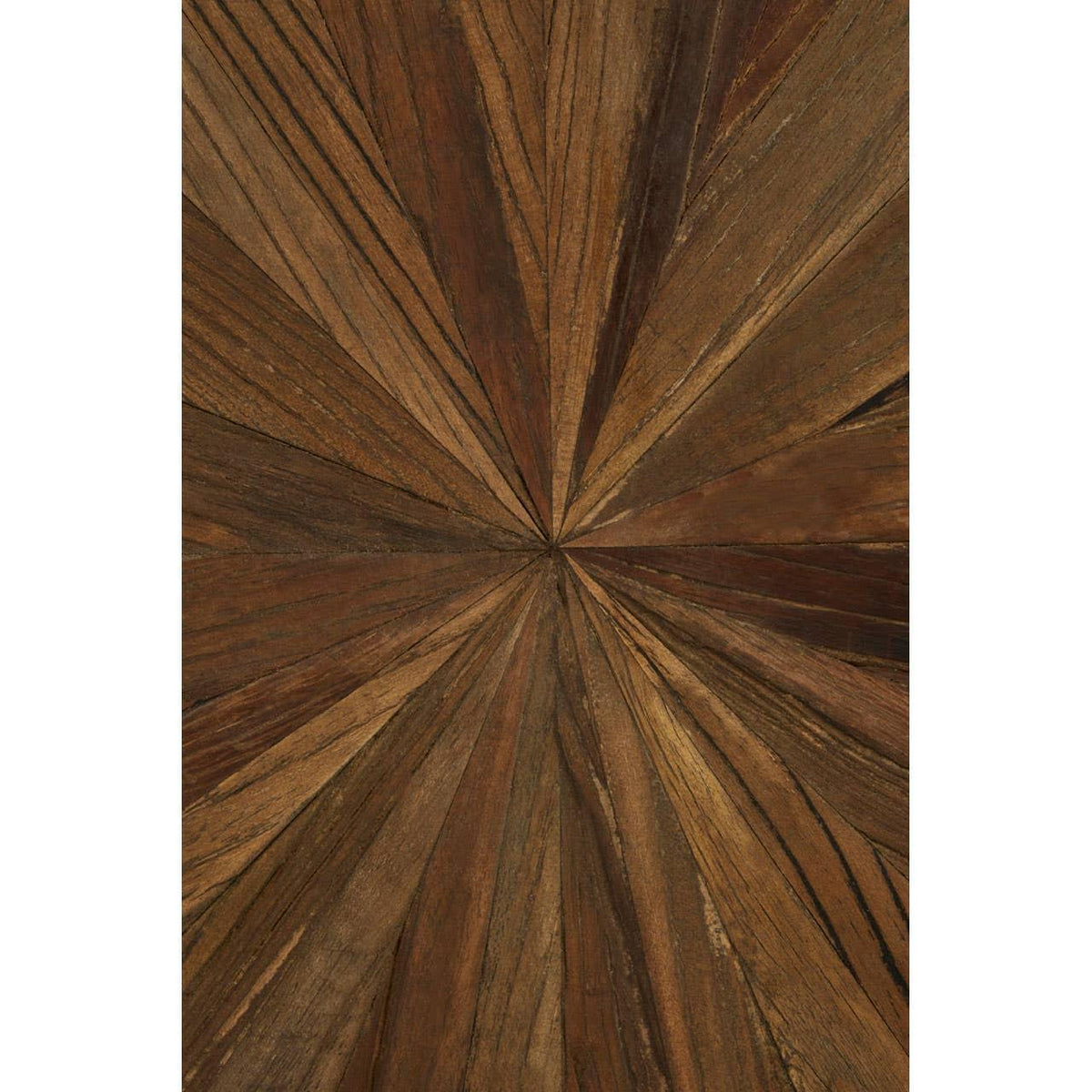Close up of wooden dining table top with geometric starburst pattern in natural brown tones