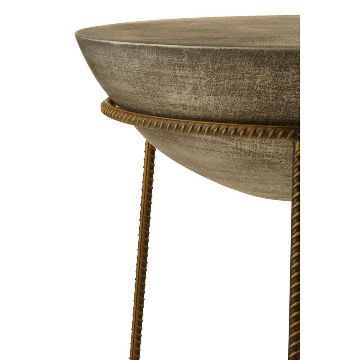 Round metal side table with distressed finish and gold twisted legs, close-up view