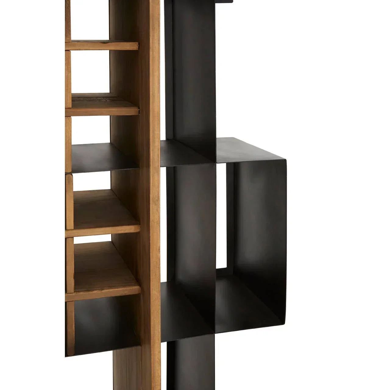 Modern bookcase with oak wooden shelves and black metal frame, close-up side view