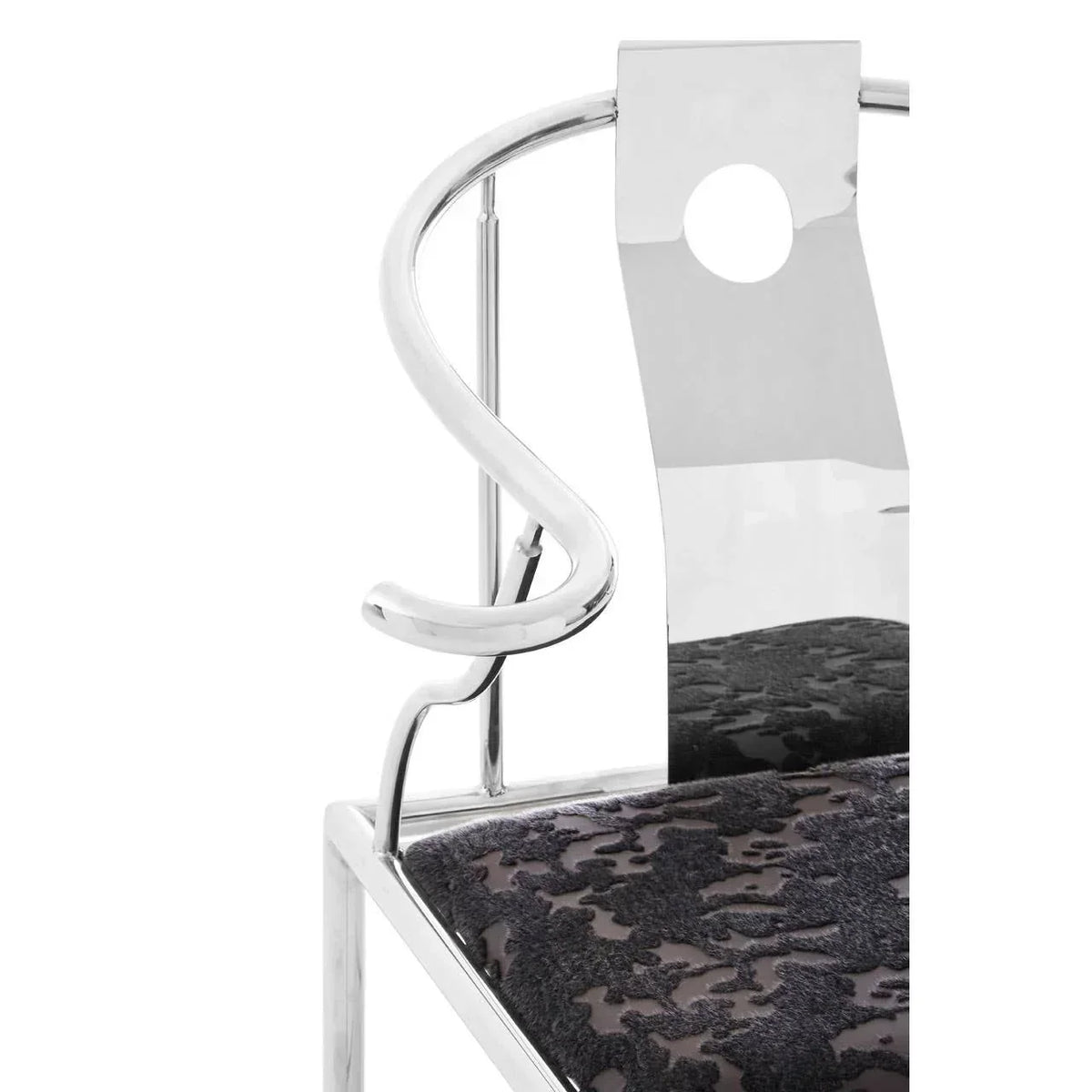 Chrome dining chair with patterned black fabric seat and modern curved metal armrest