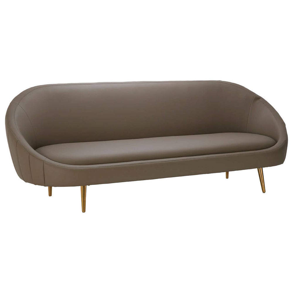 Brown leather effect 3 seater sofa with a smooth, rounded design and tapered gold legs, featuring a spacious seating area and a minimalist aesthetic