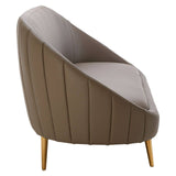 Brown leather effect 3 seater sofa with a sleek, modern design, featuring a curved backrest and vertical stitching details. The sofa is supported by four wooden legs, adding a touch of warmth to the overall aesthetic