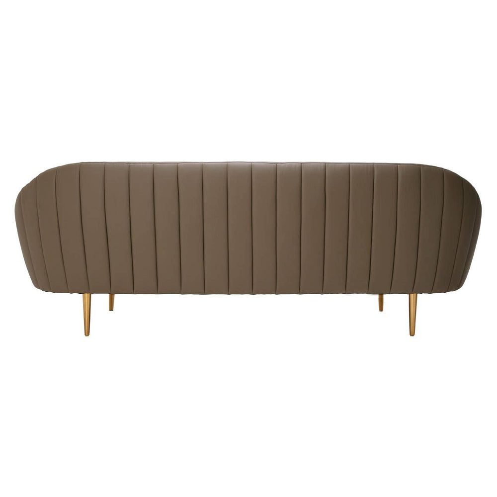 Brown leather effect 3 seater sofa with a curved backrest and vertical stitching, supported by wooden legs. The design features a modern aesthetic suitable for various interior styles
