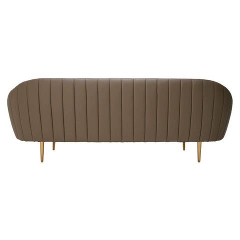 Brown leather effect 3 seater sofa with a curved backrest and vertical stitching, supported by wooden legs. The design features a modern aesthetic suitable for various interior styles