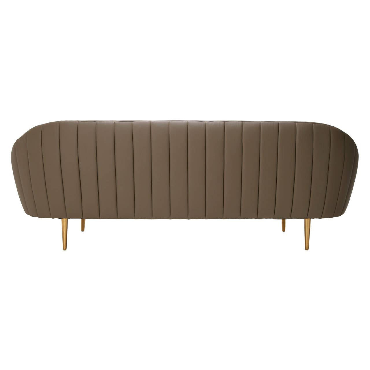 Brown leather effect 3 seater sofa with a curved backrest and vertical stitching, supported by wooden legs. The design features a modern aesthetic suitable for various interior styles