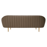 Brown leather effect 3 seater sofa with a curved backrest and vertical stitching, supported by wooden legs. The design features a modern aesthetic suitable for various interior styles