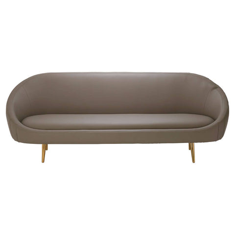 Brown leather effect 3 seater sofa with a smooth, rounded design and gold-colored legs, featuring a minimalist style suitable for modern living spaces