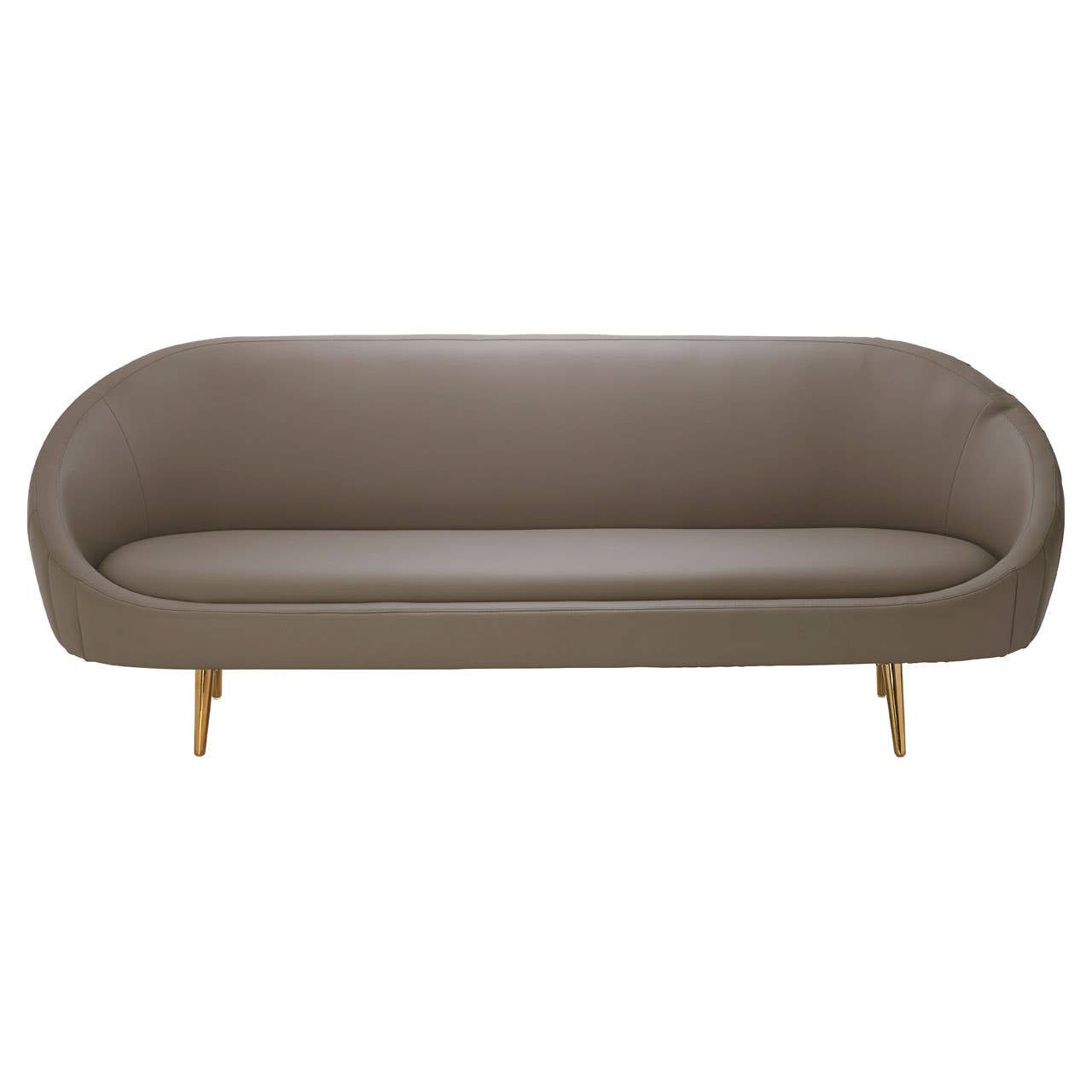 Brown leather effect 3 seater sofa with a smooth, rounded design and gold-colored legs, featuring a minimalist style suitable for modern living spaces