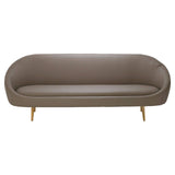 Brown leather effect 3 seater sofa with a smooth, rounded design and gold-colored legs, featuring a minimalist style suitable for modern living spaces