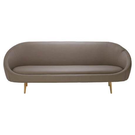 Brown leather effect 3 seater sofa with a smooth, rounded design and gold-colored legs, featuring a minimalist style suitable for modern living spaces