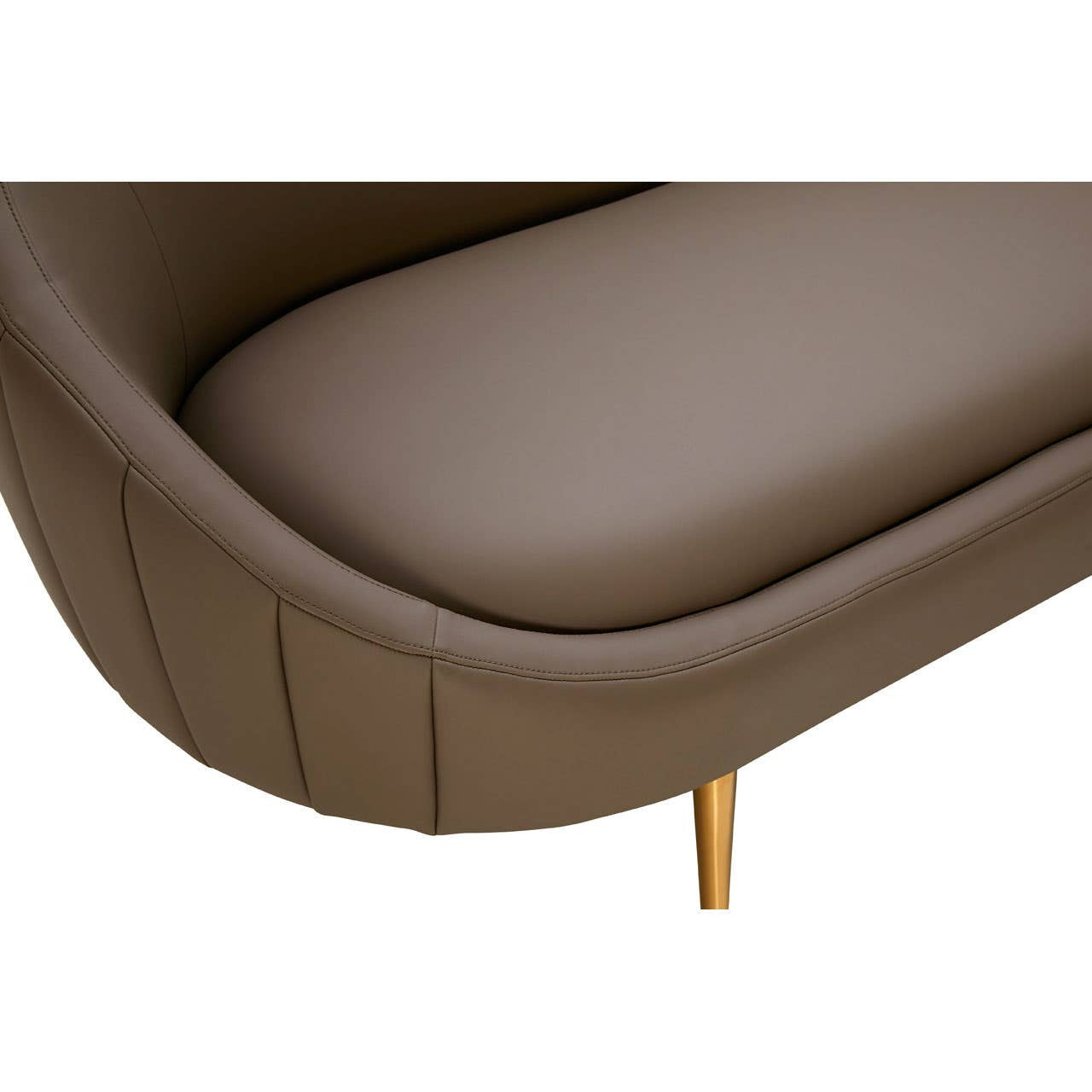 Brown leather effect upholstery of a three-seater sofa with a curved design and vertical stitching details. The sofa features wooden legs in a light finish, adding a modern touch to the overall aesthetic
