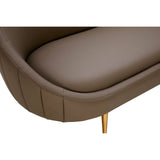 Brown leather effect upholstery of a three-seater sofa with a curved design and vertical stitching details. The sofa features wooden legs in a light finish, adding a modern touch to the overall aesthetic