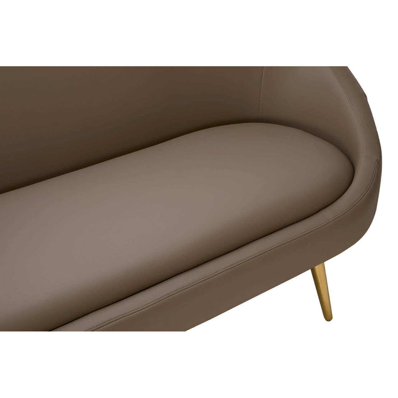 Brown leather effect upholstery of a three-seater sofa with a smooth, rounded seat cushion and tapered gold legs. The design features a modern, minimalist aesthetic with a soft, inviting texture