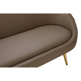Brown leather effect upholstery of a three-seater sofa with a smooth, rounded seat cushion and tapered gold legs. The design features a modern, minimalist aesthetic with a soft, inviting texture