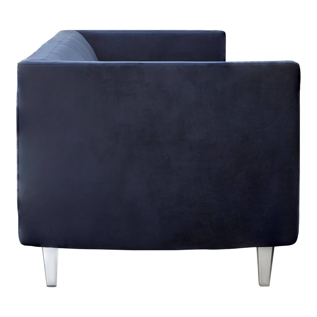 Navy velvet three-seater sofa with a sleek, modern design, featuring a low back and clean lines. The sofa is supported by slender metallic legs, adding a contemporary touch. The upholstery appears soft and plush, showcasing a rich navy color