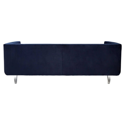 Navy velvet three-seater sofa with a sleek, modern design and straight lines, featuring chrome legs for a contemporary touch. The upholstery has a soft texture, and the overall shape is minimalist, making it suitable for various interior styles