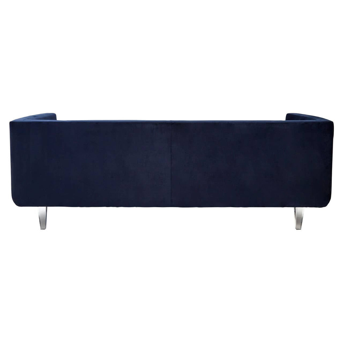 Navy velvet three-seater sofa with a sleek, modern design and straight lines, featuring chrome legs for a contemporary touch. The upholstery has a soft texture, and the overall shape is minimalist, making it suitable for various interior styles
