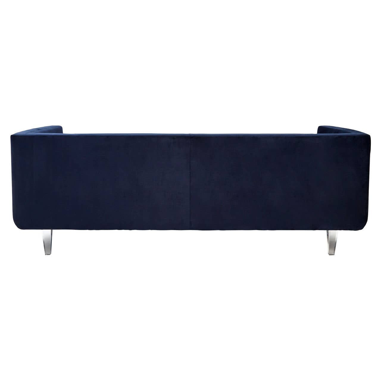 Navy velvet three-seater sofa with a sleek, modern design and straight lines, featuring chrome legs for a contemporary touch. The upholstery has a soft texture, and the overall shape is minimalist, making it suitable for various interior styles