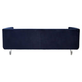 Navy velvet three-seater sofa with a sleek, modern design and straight lines, featuring chrome legs for a contemporary touch. The upholstery has a soft texture, and the overall shape is minimalist, making it suitable for various interior styles