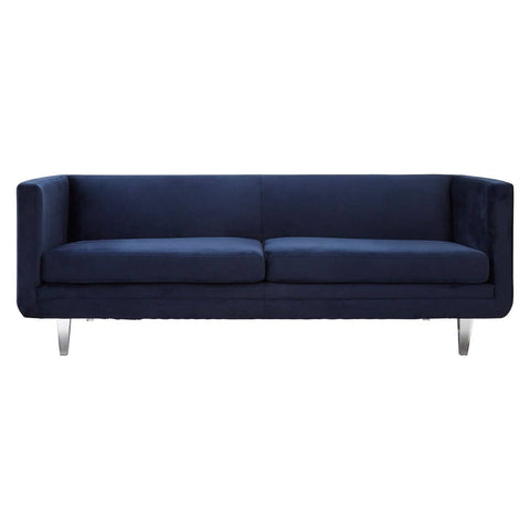 Navy velvet three-seater sofa with a sleek, modern design, featuring two plush seat cushions and a minimalist frame. The sofa is supported by shiny metal legs, adding a contemporary touch to the overall aesthetic