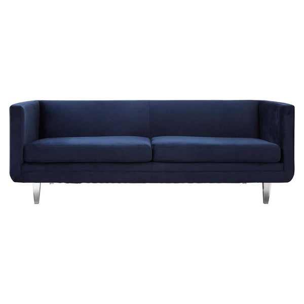 Navy velvet three-seater sofa with a sleek, modern design, featuring two plush seat cushions and a minimalist frame. The sofa is supported by shiny metal legs, adding a contemporary touch to the overall aesthetic